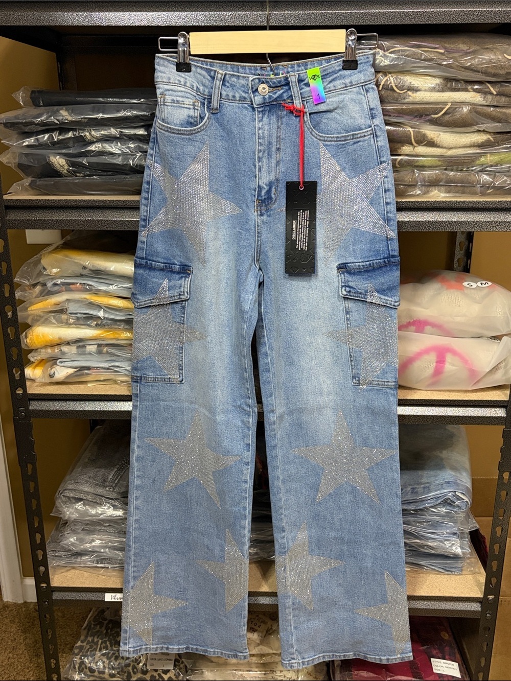NWT Vibrant M.i.U. Stars Born Rhinestone Stars Cargo Jeans